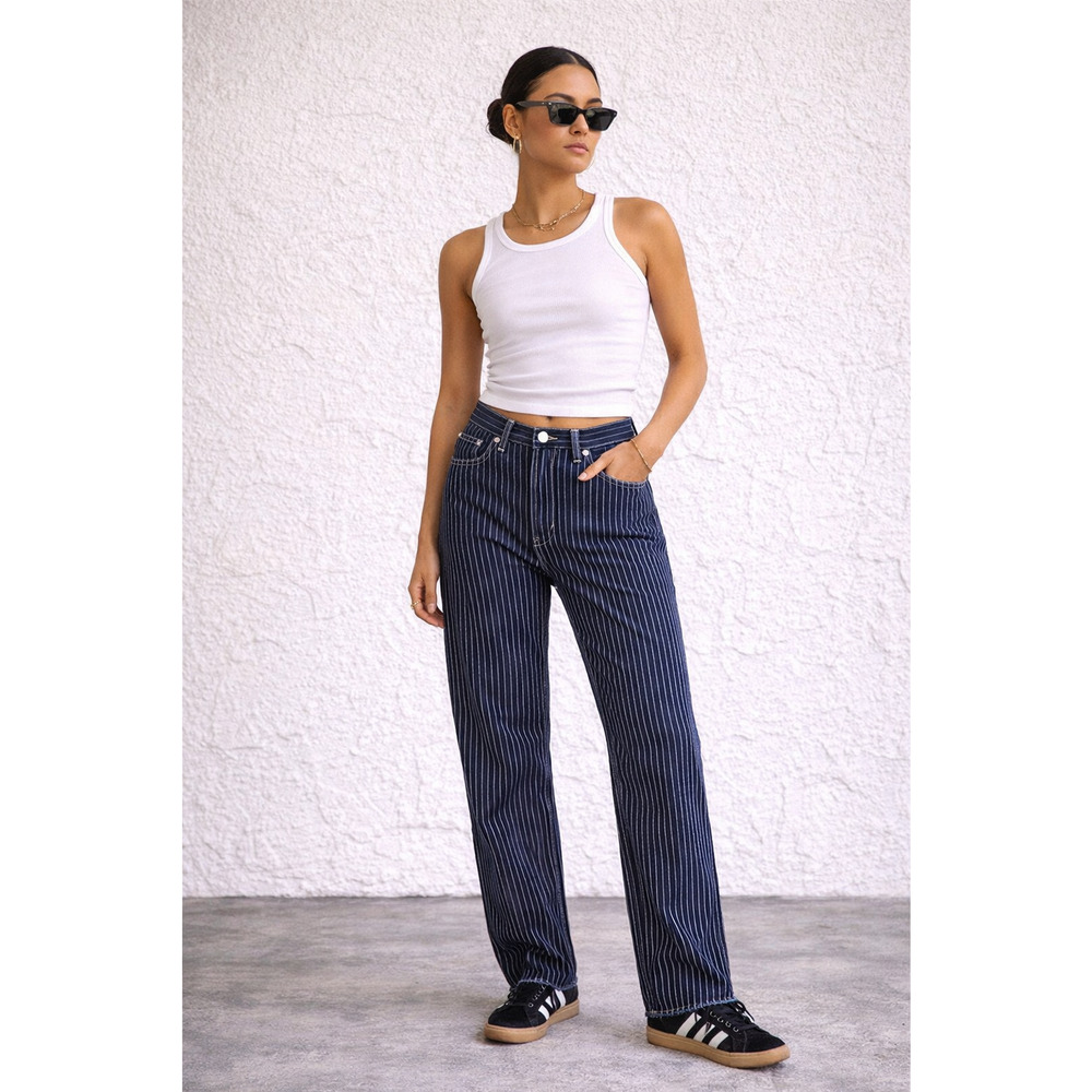 Levi’s Wedgie Straight Pinstripe Jeans Womens 30 High Rise Dark Wash Denim